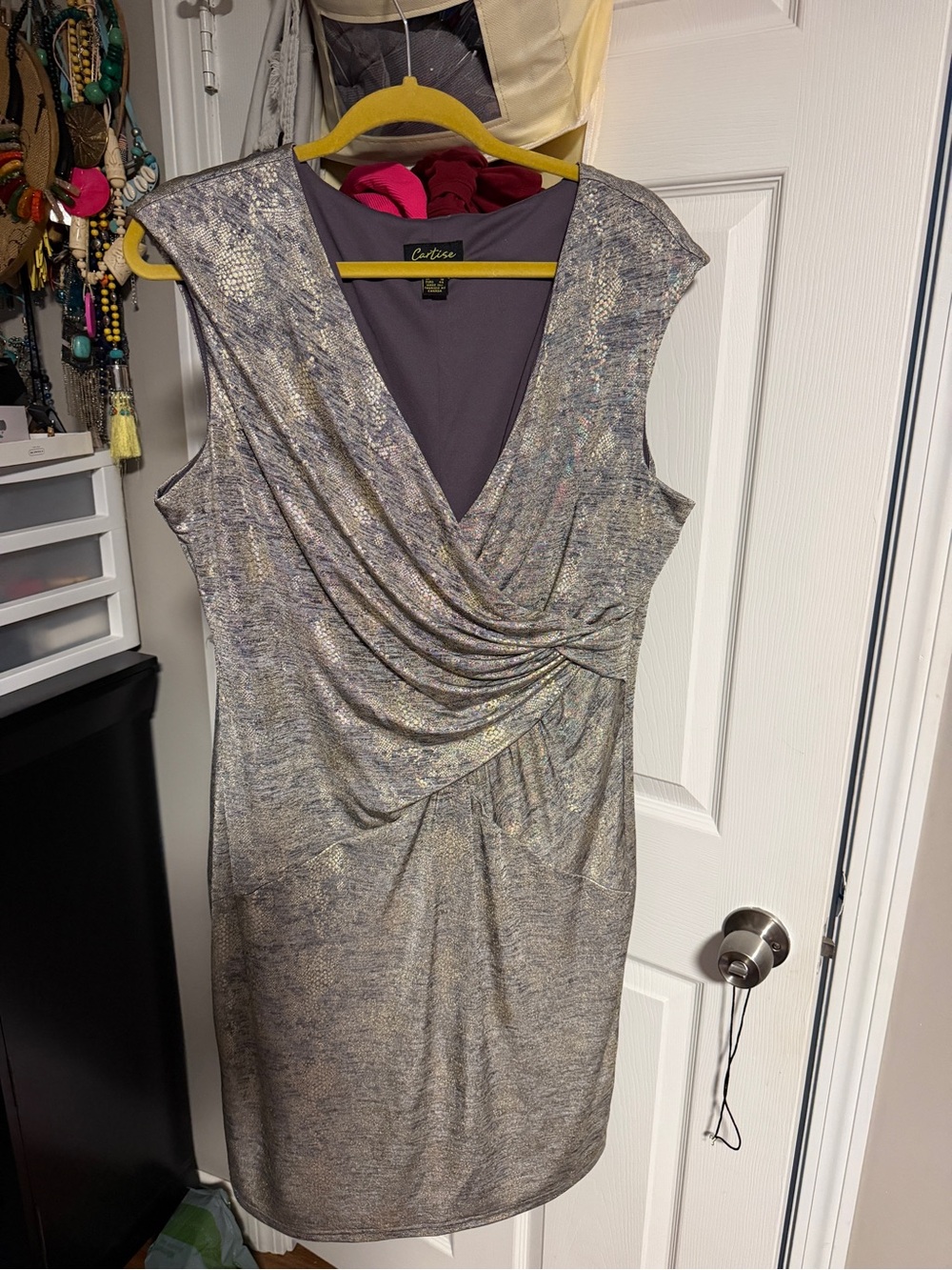 Couture Silver Metallic Draped Midi Dress
